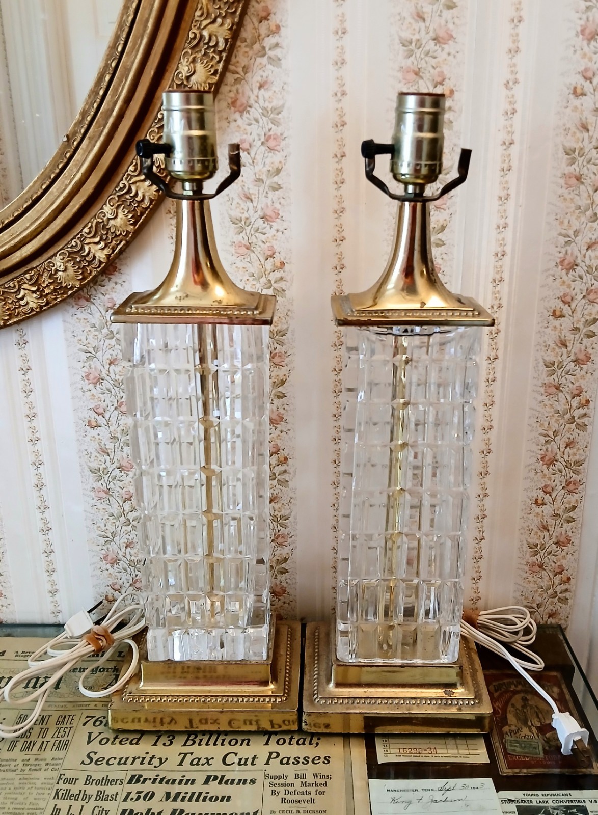 Vintage MCM Dresden Signed Crystal Block Column Brass Table Lamps Pair Works 19\