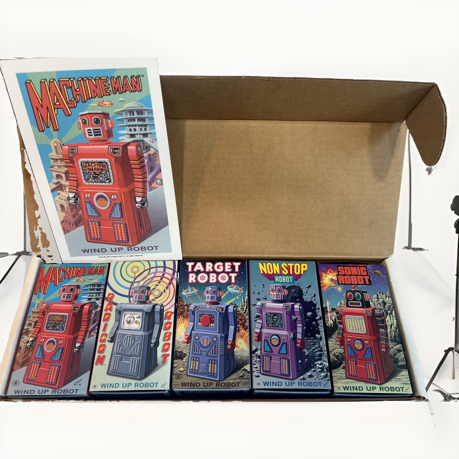 Rocket USA Gang of Five Lot of 5 Wind Up Robots Boxed Vintage 1997
