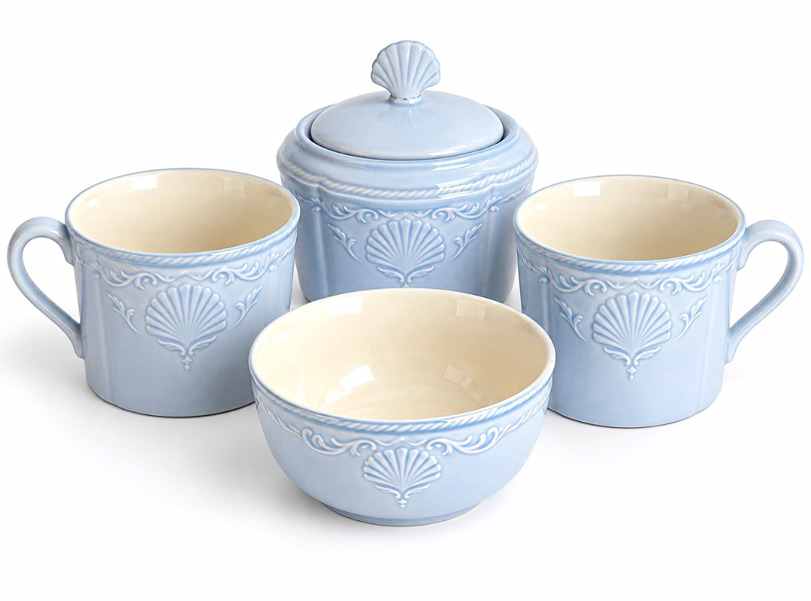 Mikasa South Hampton Blue DY903 Shell Dinnerware Set Plates Bowls Cups Sugar