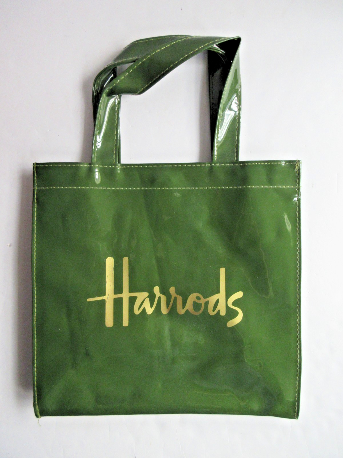 Harrods Glossy PVC Olive Green Logo Shopper Tote Bag Magnetic Snap Closure