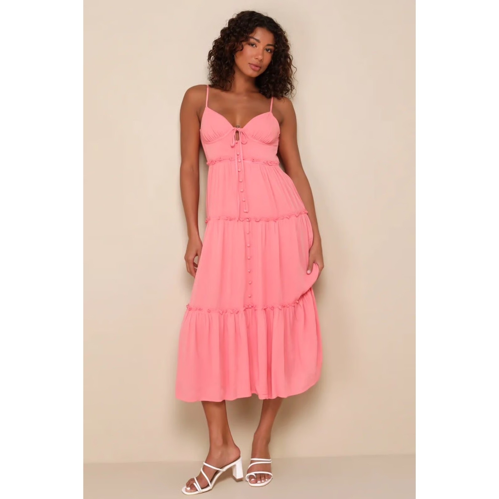Lulus Sweetest Perception Midi Dress Womens Large Coral Pink NWT Ruffle Tiered
