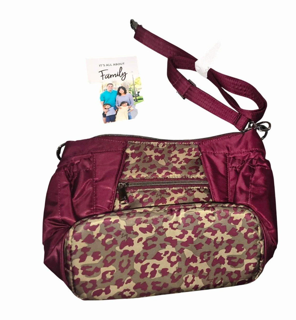 Lug RFID Blocking Crossbody Bag Burgundy Beige Leopard Print Zip Pockets