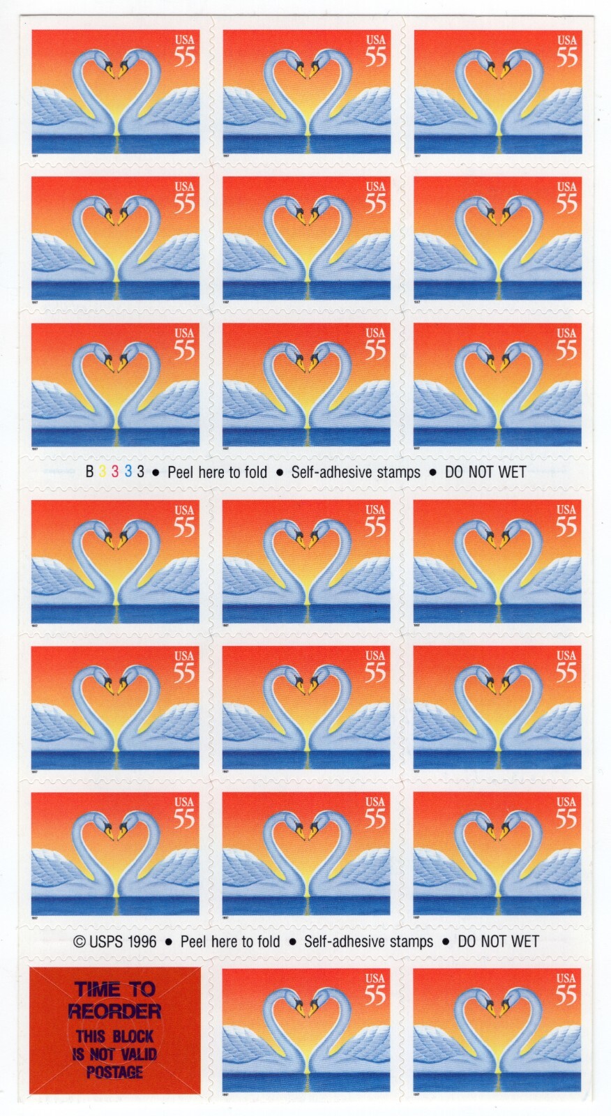 US 1997 SC 3124 55c Love Swans - Pane Sheet of 20 MNH