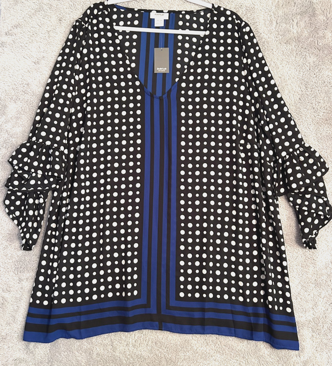 Avenue Studio Blouse Women\'s Plus 26/28 Black Cobalt Polka Dot Tunic Top NWT
