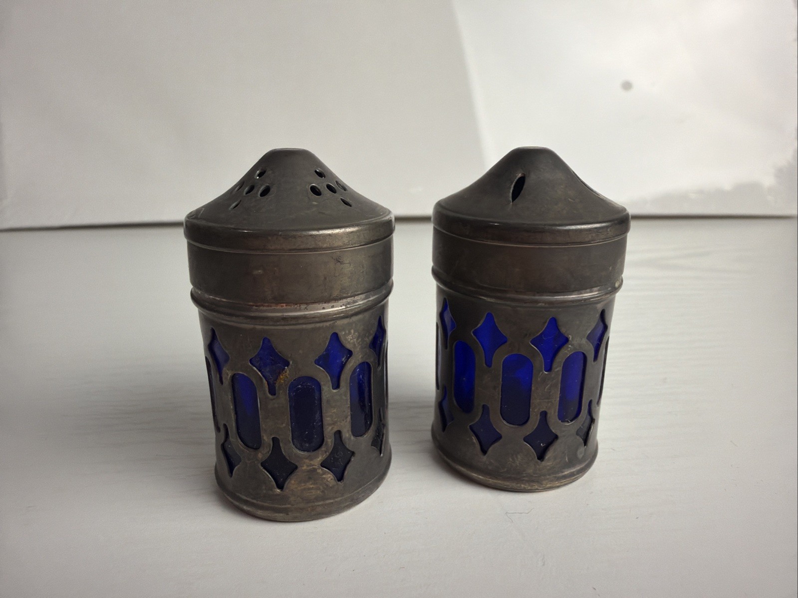 Vintage Silver tone Salt & Pepper Shakers with Cobalt Blue Glass Inserts