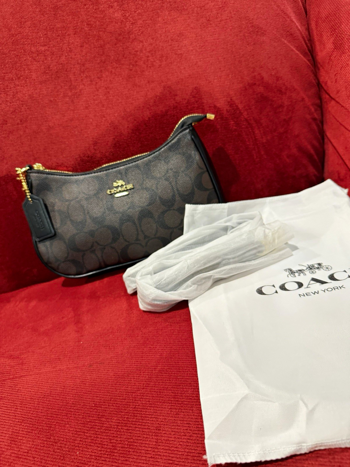 Coach Signature Logo Small Crescent Shoulder Bag Brown/Black Gold Chain Zip