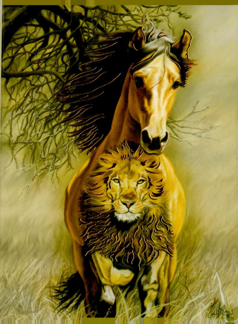 VTG Lionheart Leanin' Tree BLANK Greeting Card +Env Horse Lion Kim McElroy