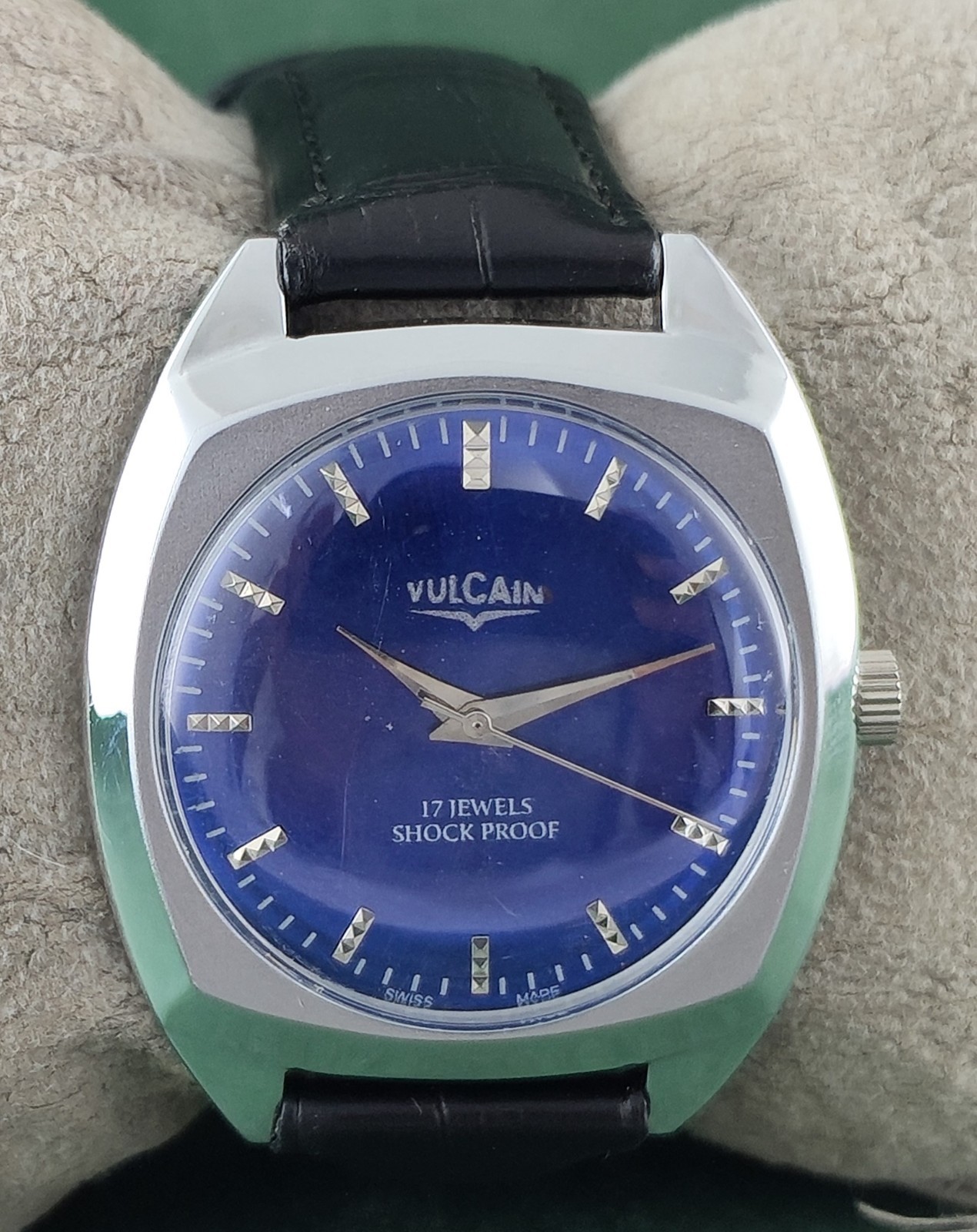 Vintage Vulcain Hand-Winding Blue Dial Working Men Wristwatch Leather Band