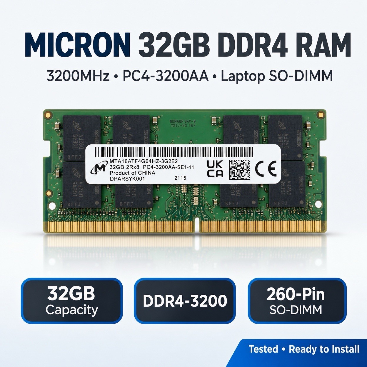 MICRON 32GB DDR4 LAPTOP RAM, MTA16ATF4G64HZ-3G2E2  3200Mhz SODIMM / Pulled•Test