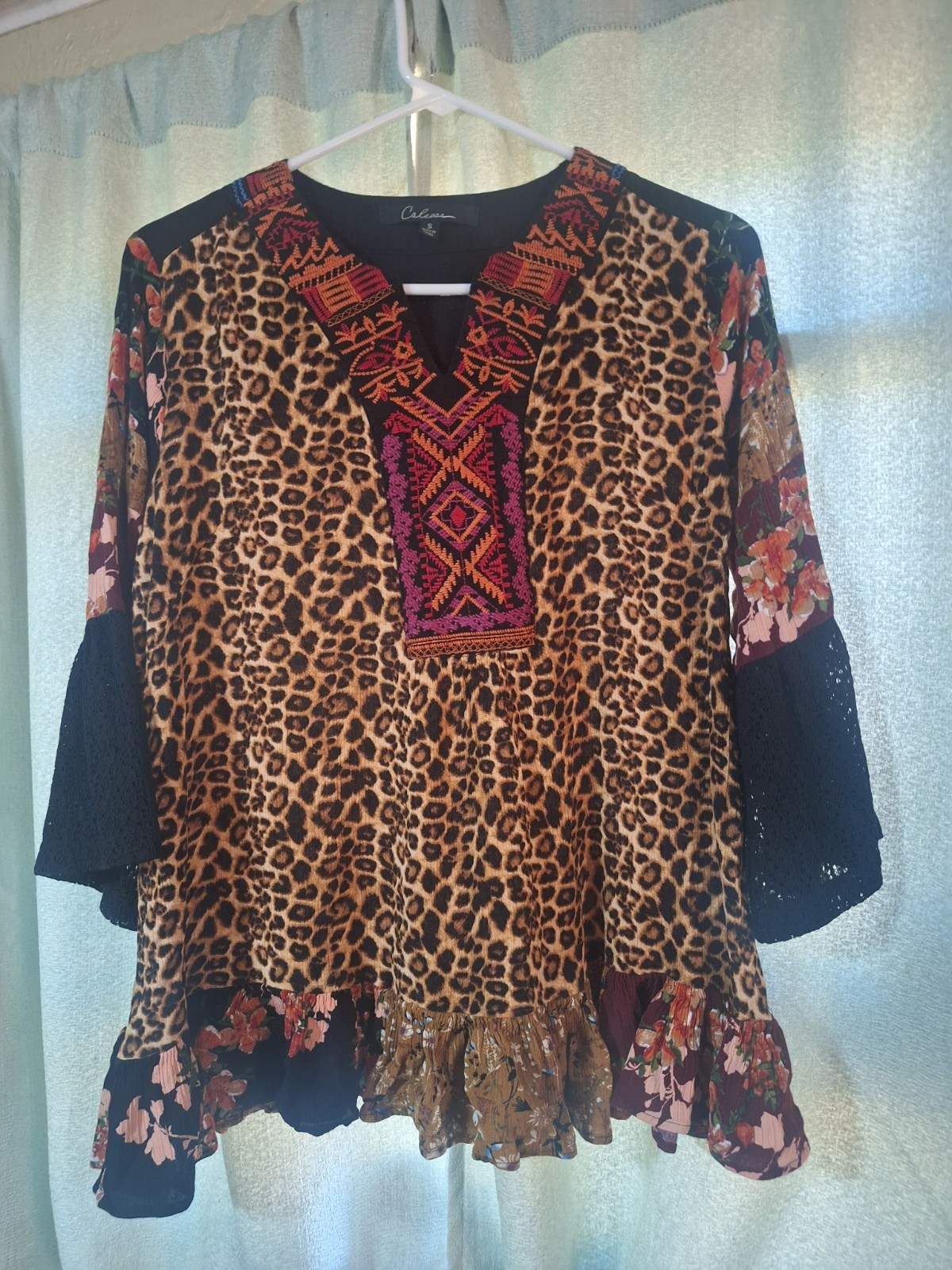 Calessa Brand Blouse. Black V Neck With Vibrant Colorful Embroidery 