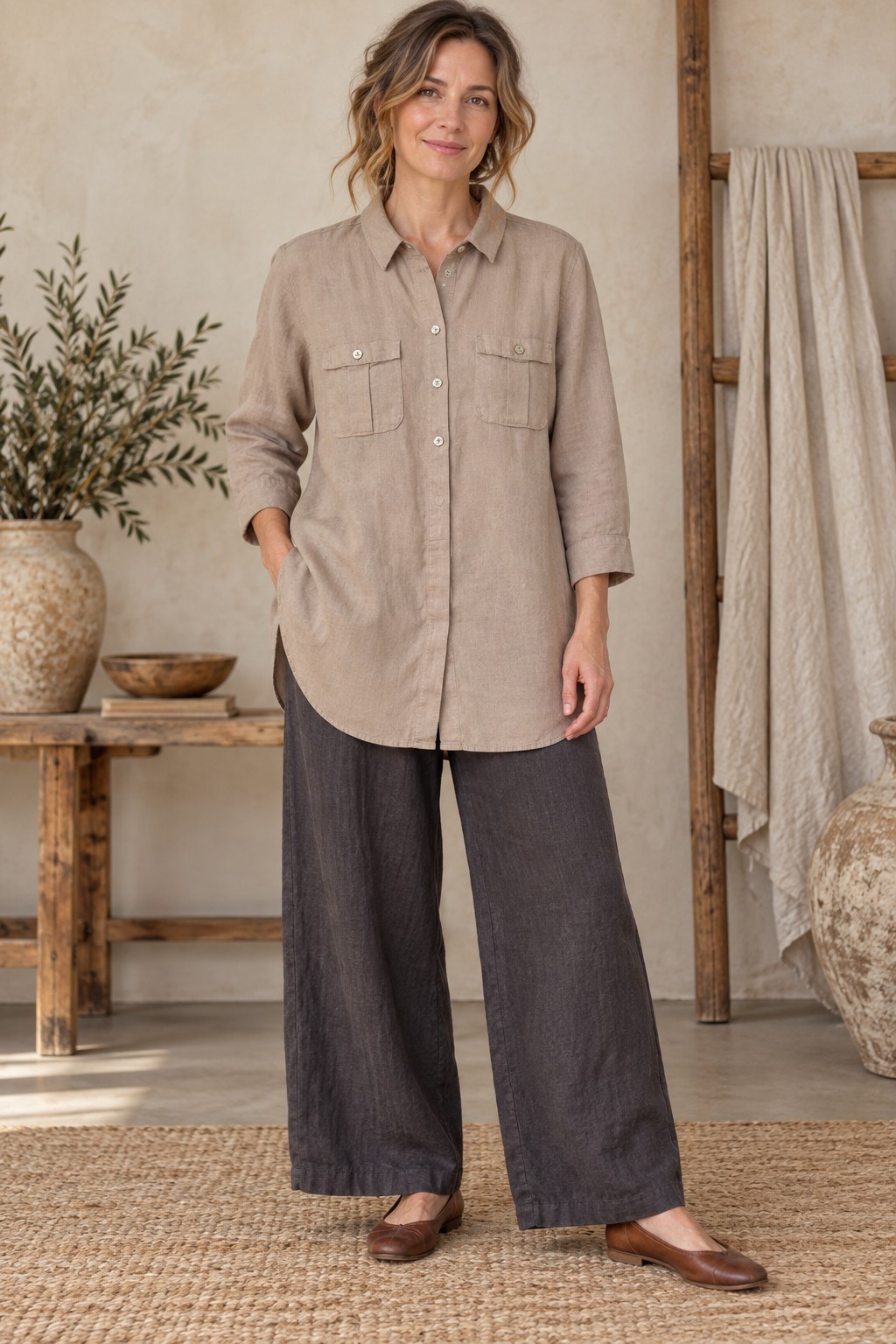 Chico’s Women’s Size 1 US 8 Taupe Linen Button Front Tunic Shirt Pockets