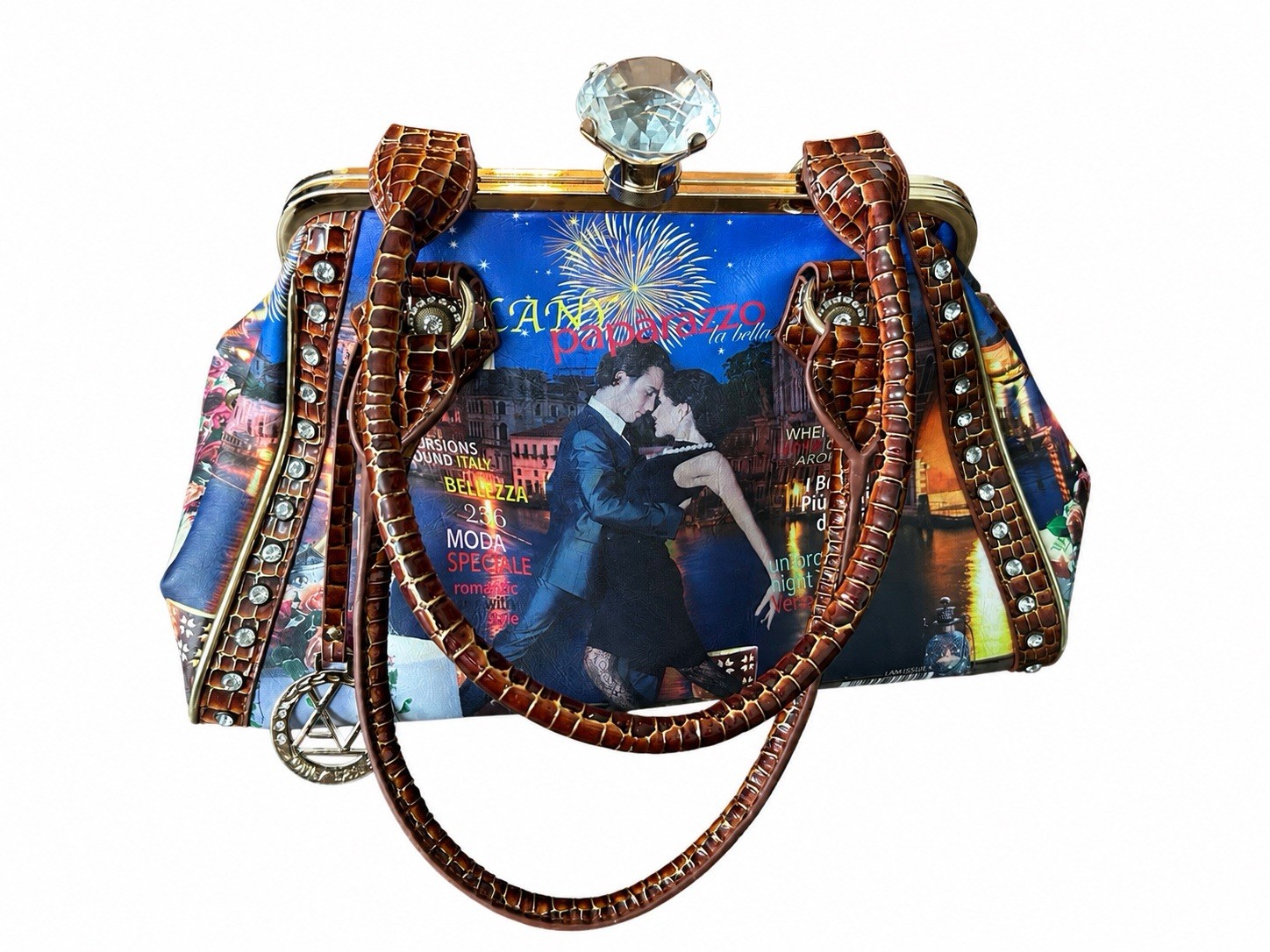 LANY Paparazzo Venice Satchel Handbag Crystal Clasp Rhinestone Large Y2K