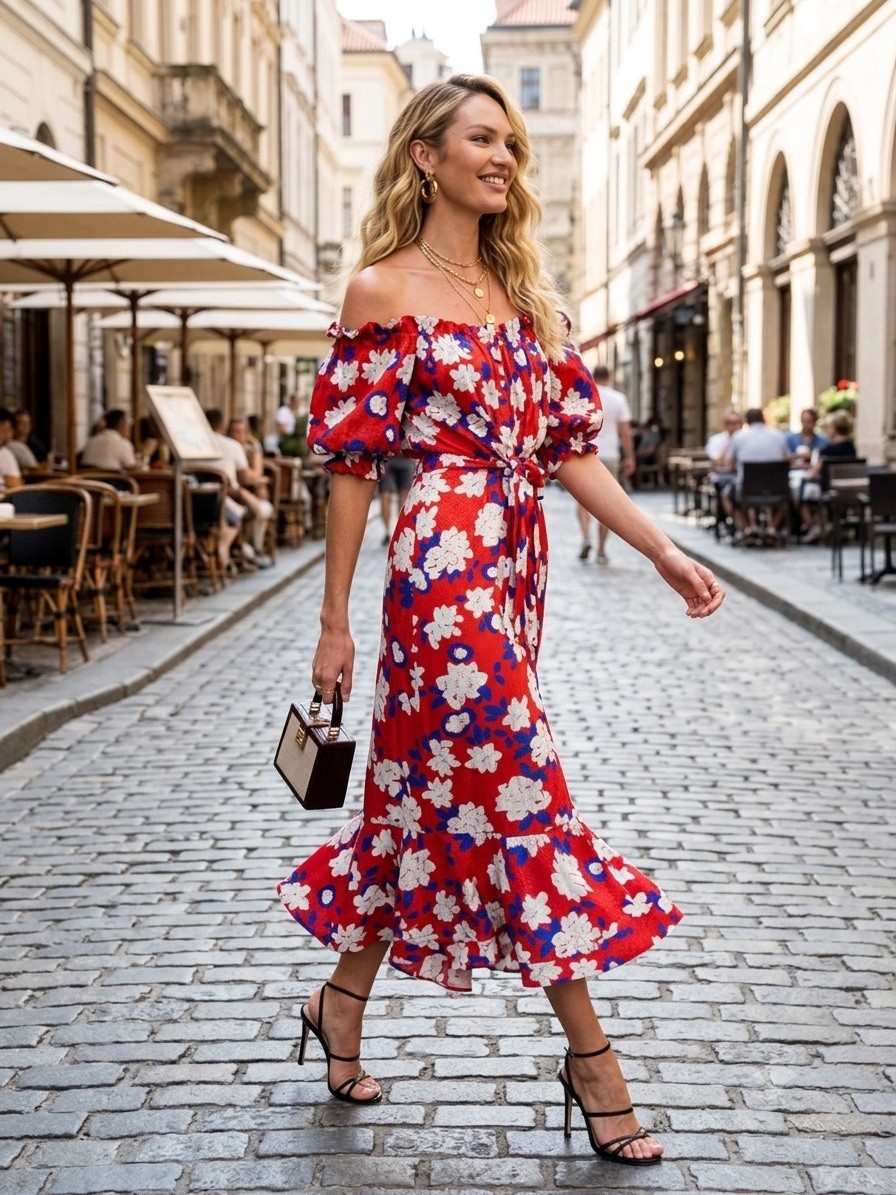Saloni Red Floral Silk Dress Off Shoulder Midi Ruffle Size US 2 UK 6 XS $650
