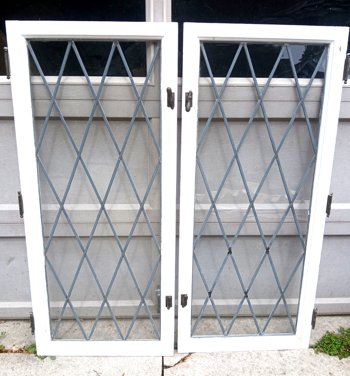 FINE PAIR LARGE ANTIQUE LEADED GLASS WINDOWS