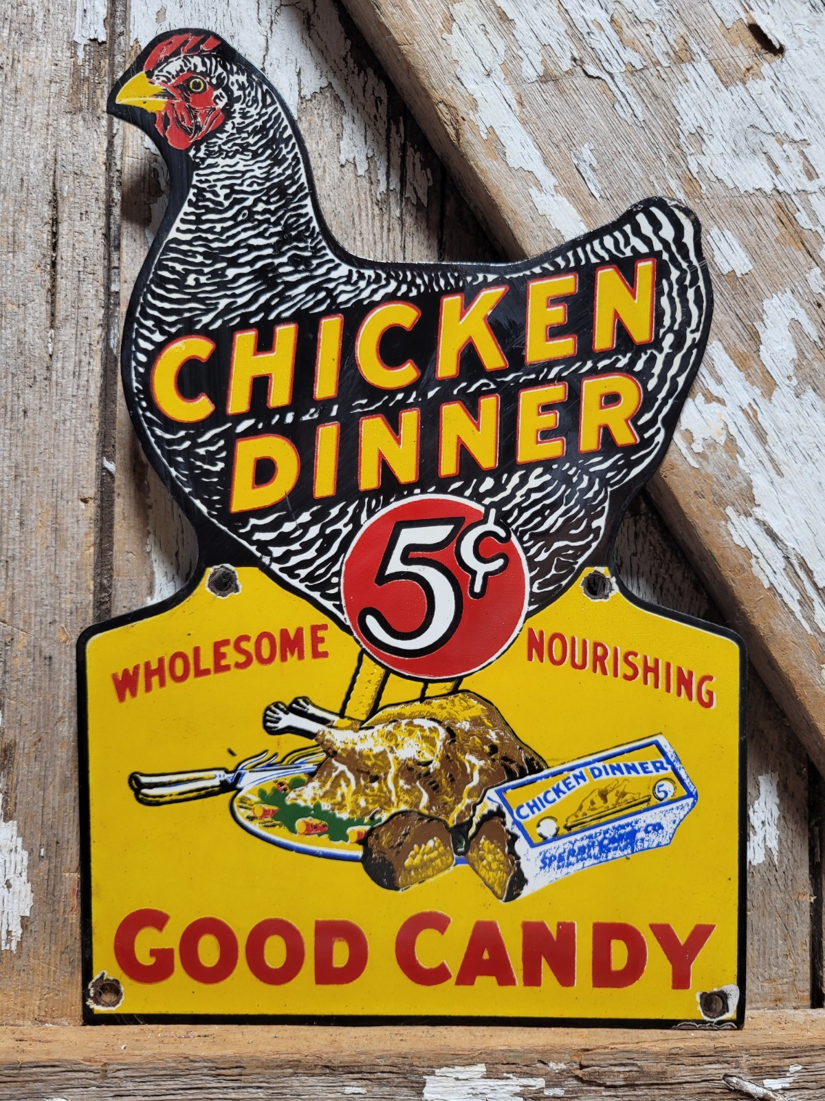 VINTAGE CHICKEN DINNER PORCELAIN SIGN RARE OLD CANDY FARM ROOSTER FOOD STORE 12