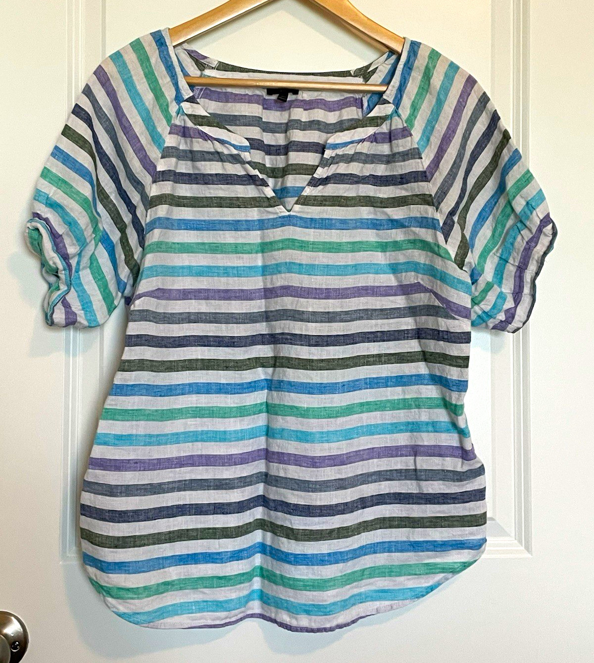 Talbots Women’s Linen Striped V-Neck Short Sleeve Blouse Petite Large Multicolor