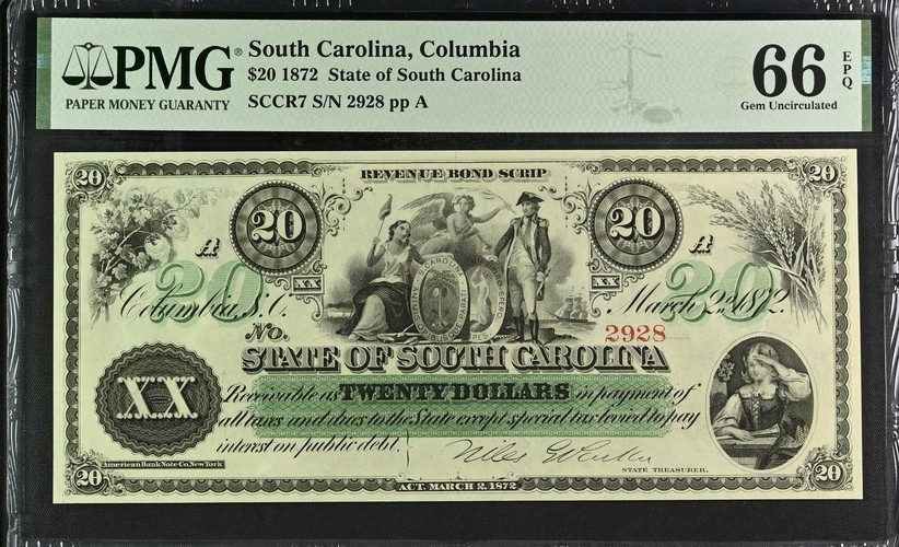 1872 Cr.7 $20 The State of SOUTH CAROLINA Note - PMG Gem 66 EPQ
