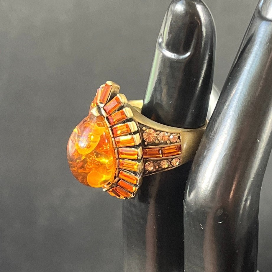Heidi Daus Crystal Rhinestone Ring, Amber Topaz Color Teardrop, Baguettes 7