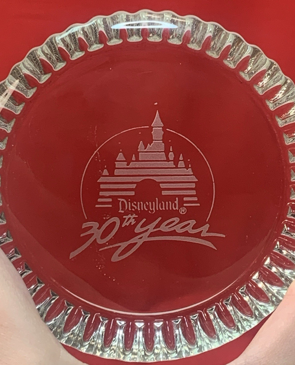 1985 Disneyland 30th Year Anniversary Disney Castle Emblem Etched Glass Coaster