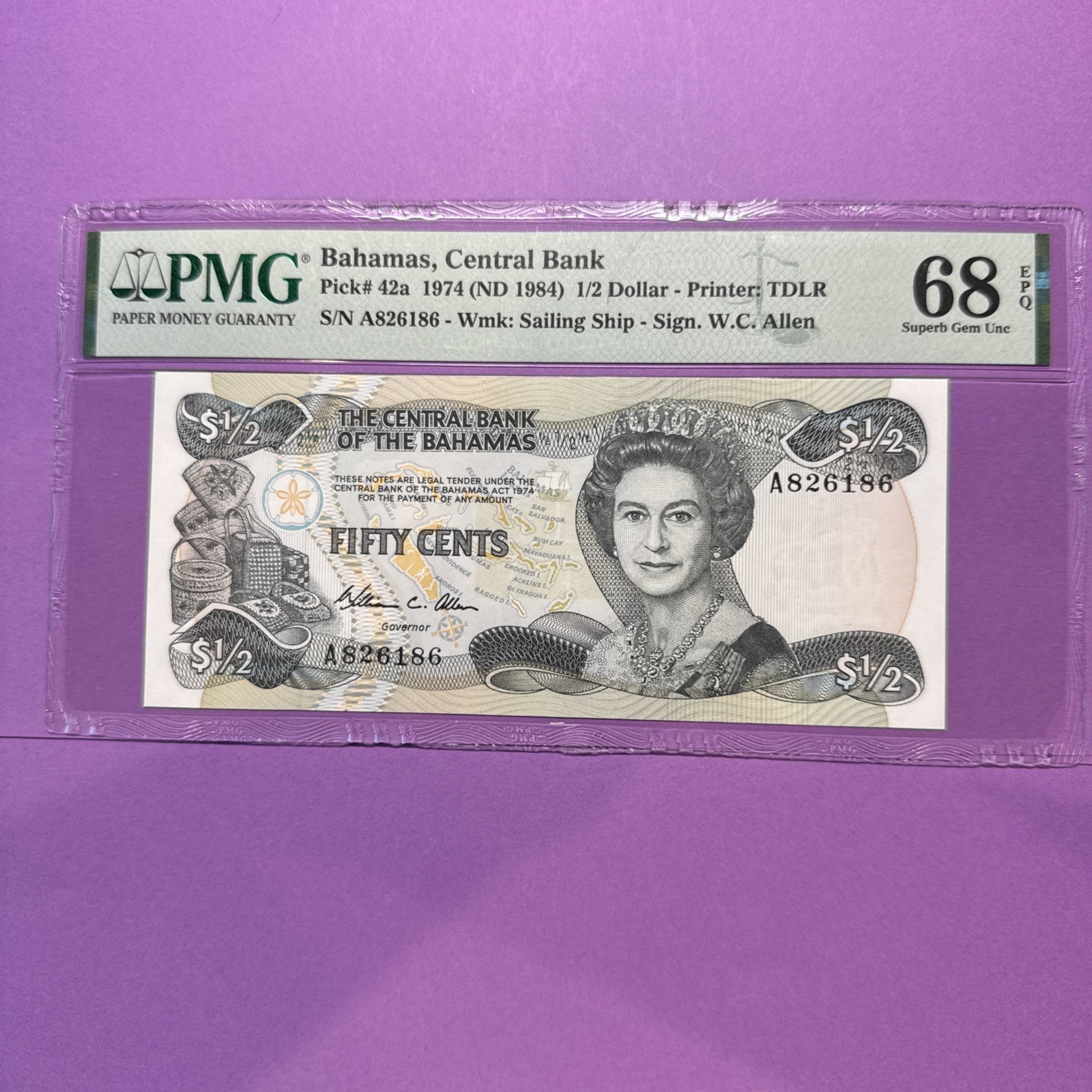 Rare High Grade Bahamas, Central Bank pic 42a 1974 $1/2 Superb Gem UNC 68 EPQ Rare High Grade Bahamas, Central Bank pic 42a 1974 $1/2 Superb Gem UNC 68 EPQ