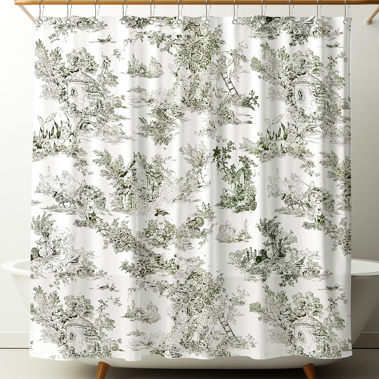 Shower Curtain Vintage French Frog Cotton Print Green 72x72 Inch 12 Metal Hooks