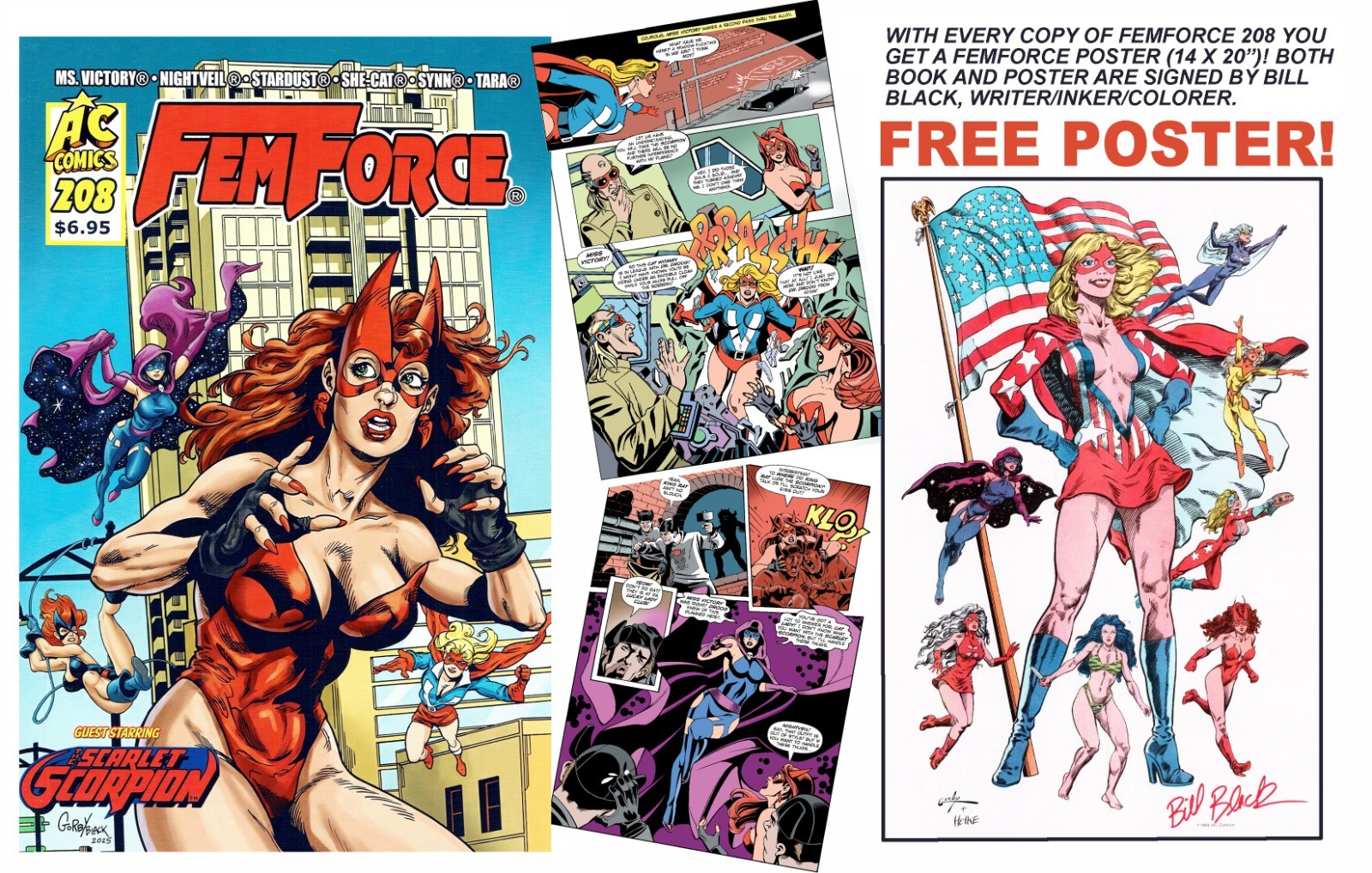 FEMFORCE NO. 208- UNREAD, NM WITH POSTER, COLOR - signed by Bill Black