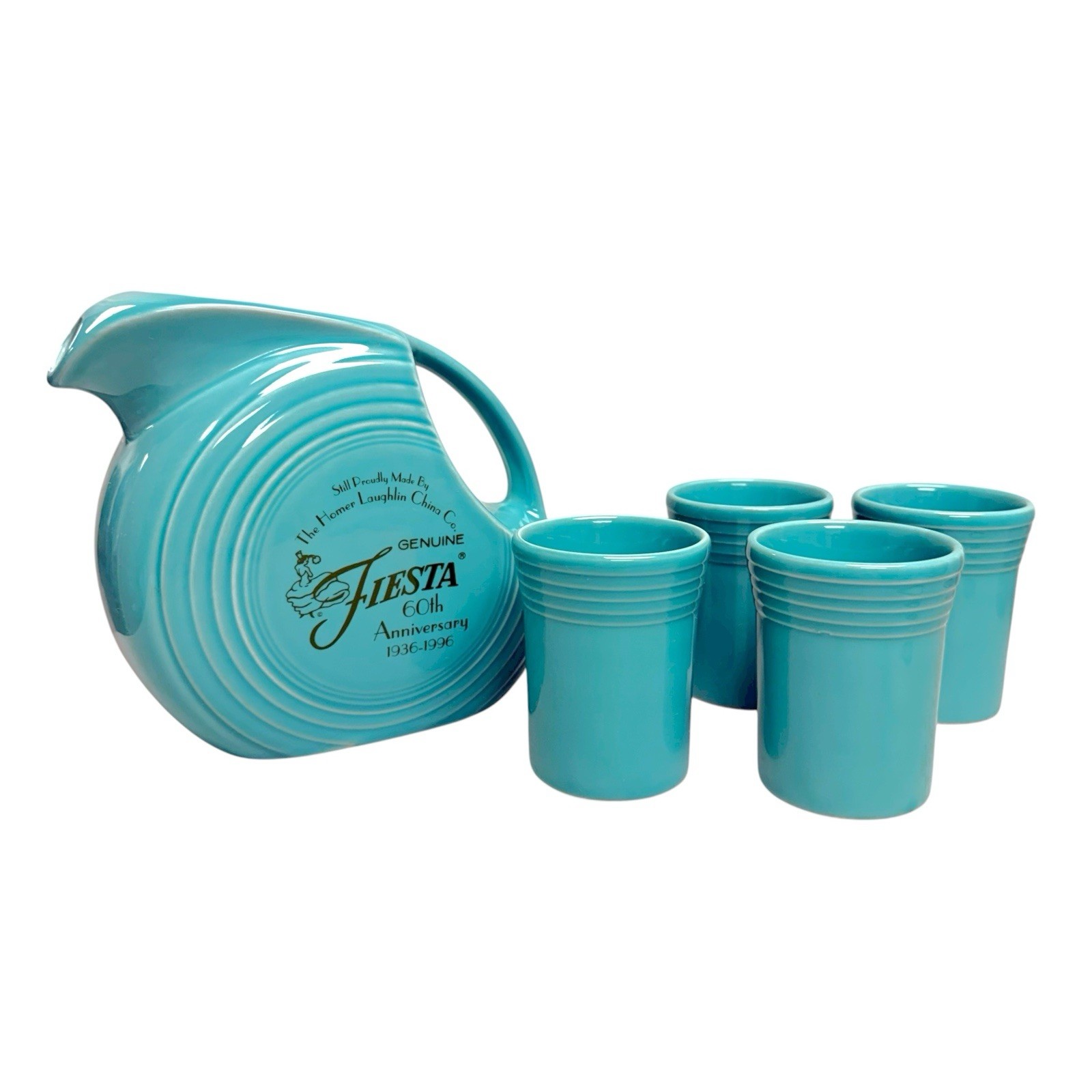 Vtg Homer Laughlin China Co Fiesta 60th Anniversary Turquoise Pitcher & Cups Lot Vtg Homer Laughlin China Co Fiesta 60th Anniversary Turquoise Pitcher & Cups Lot