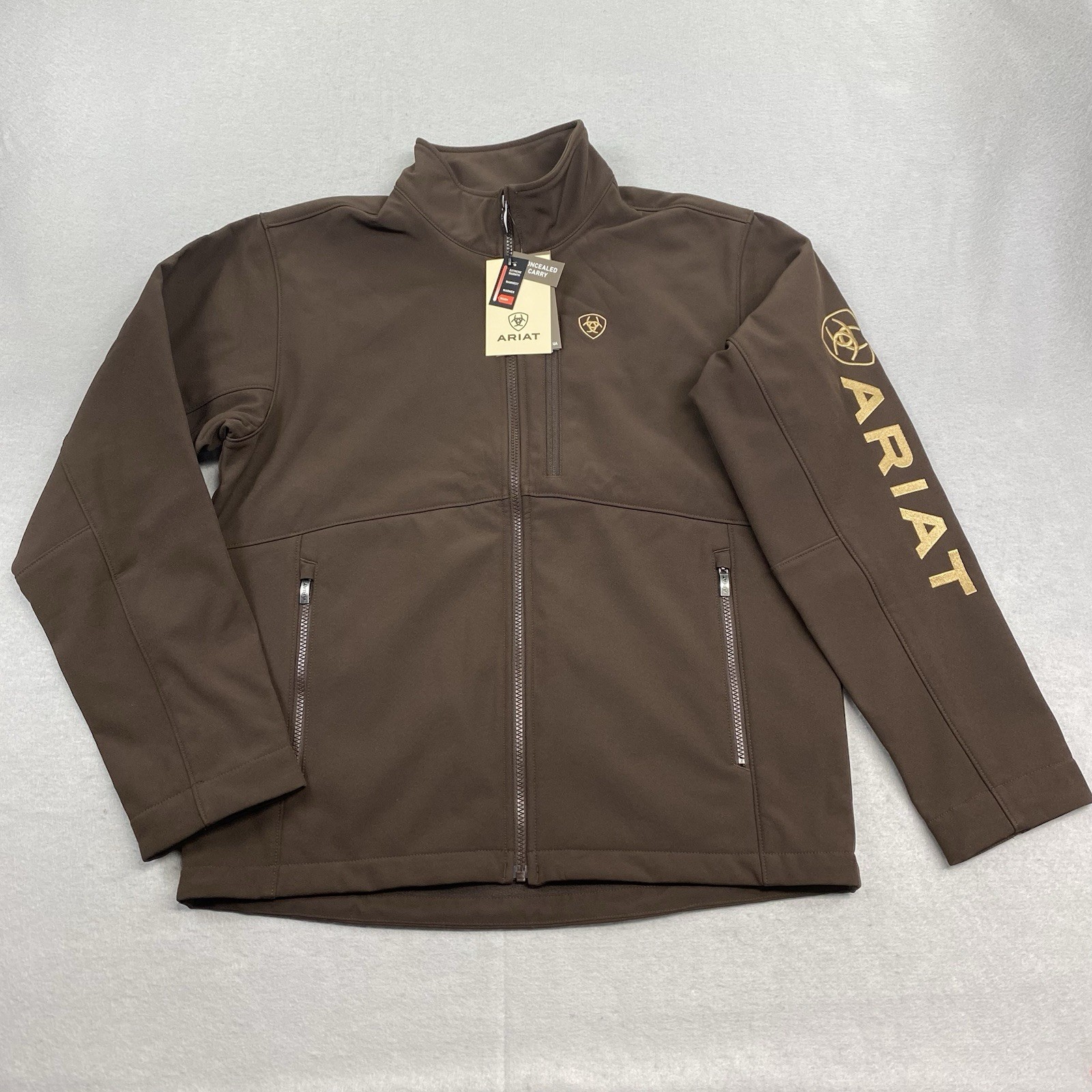 Ariat Logo Softshell Jacket Mens Medium Brown Full Zip Conceal Carry Wind Resist