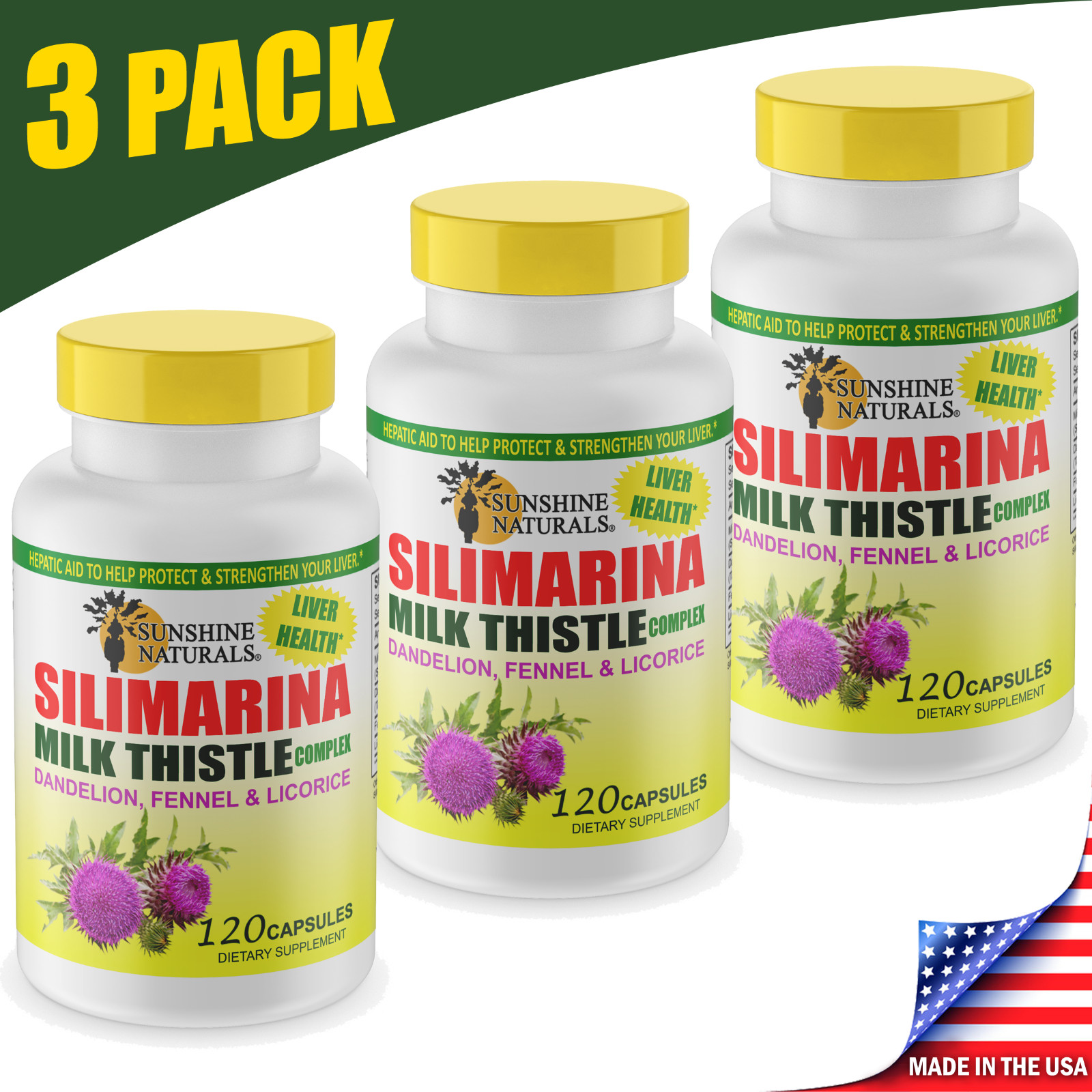 Sunshine Naturals 3 PACK Milk Thistle Silimarina 120 Capsules Made in the USA
