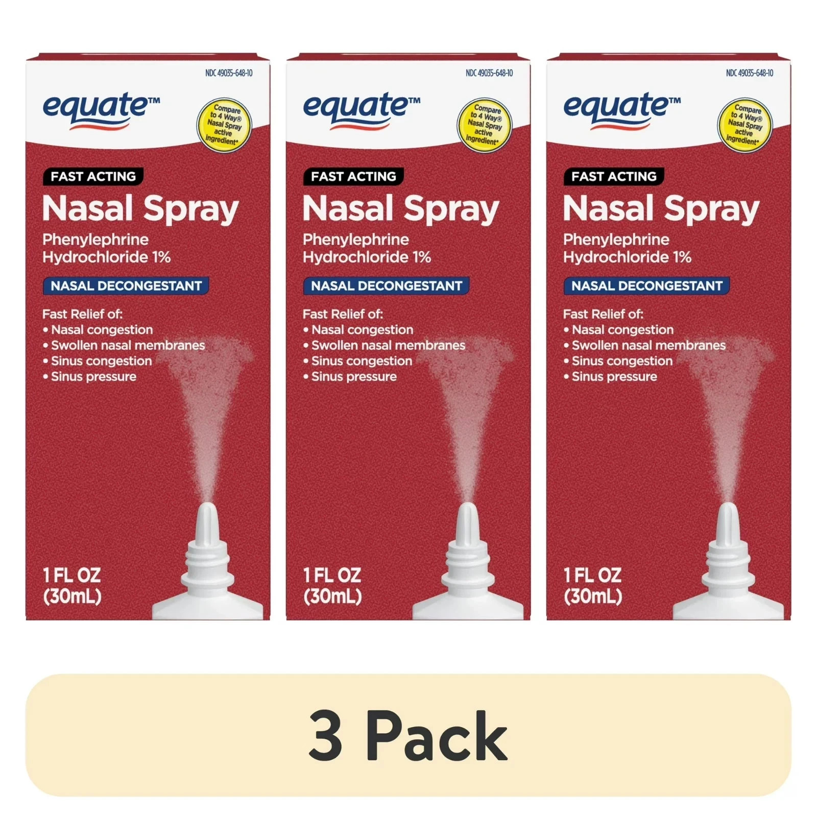 (3 Pack) Equate Nasal Four Nasal Spray, Phenylephrine Hydrochloride 1%, 1 fl oz