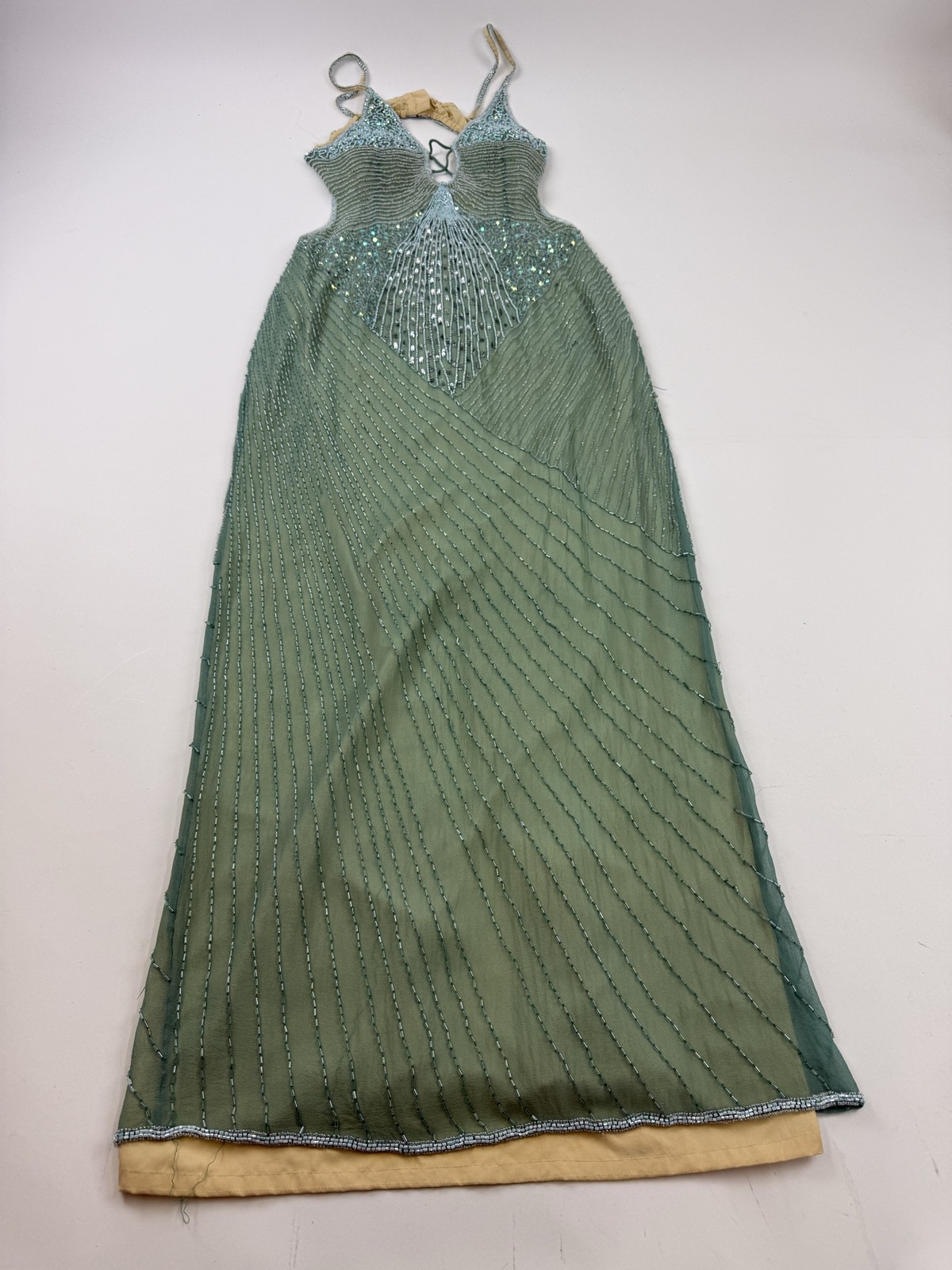 Adrianna Papell Dress Womens 10 Green Beaded Silk Chiffon Maxi Gown Evening