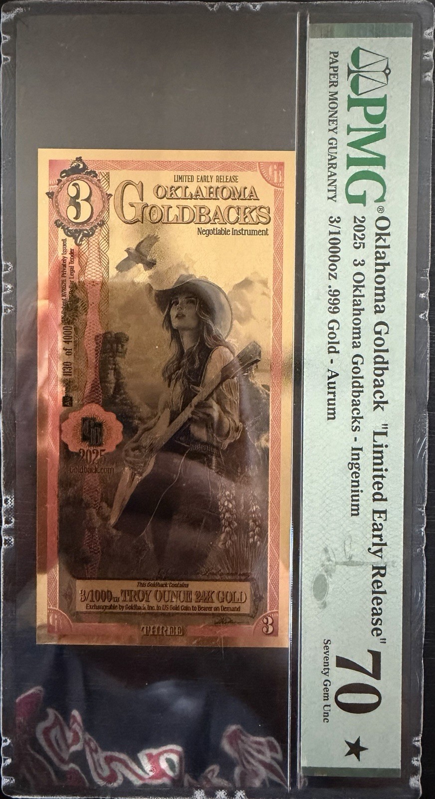 2025 Oklahoma $3 Goldback PMG 70 Limited Early Release (70 Gem Uncirculated)
