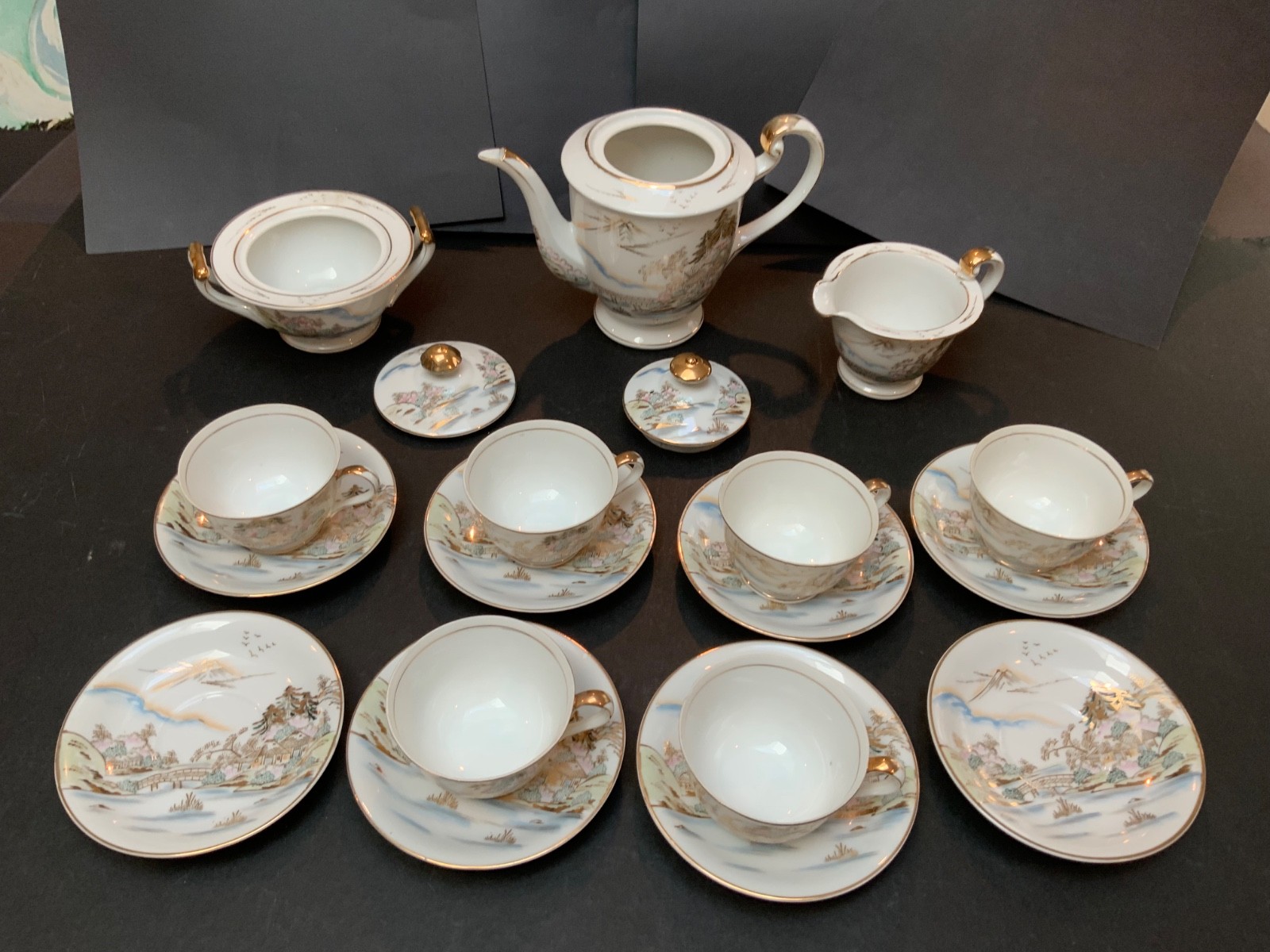 Vintage Hand-painted Kutani Porcelain 19 piece Tea Set Gold Trim, Japan