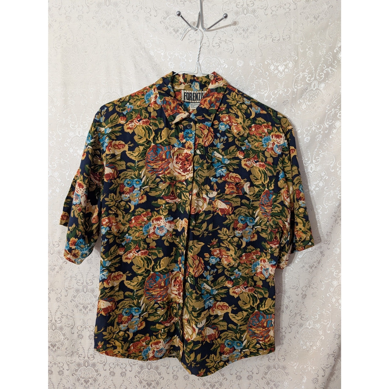 Vtg 80s 90s Forenza Moody Floral Camp Shirt Short Sleeve Button Down
