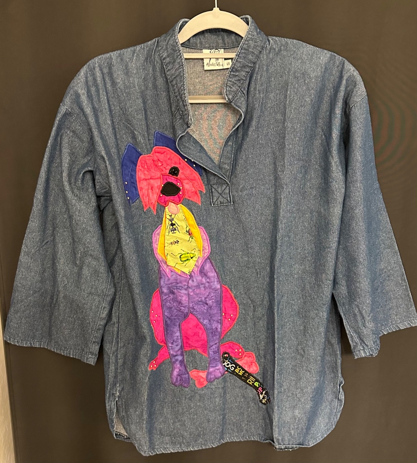 VTG Alfredo\'s Wife Wearable Art Whimsical Dog Applique Denim Tunic SZ S OOAK