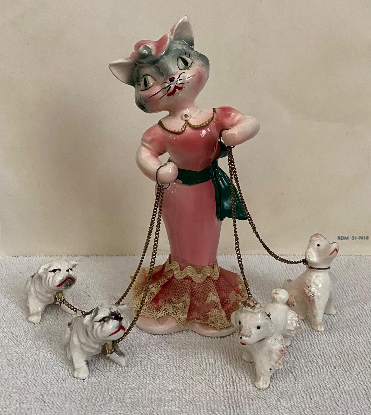 Vintage Anthropomorphic Girl Cat Figurine w/Poodle & Bulldog Pets - Gorgeous Cat Vintage Anthropomorphic Girl Cat Figurine w/Poodle & Bulldog Pets - Gorgeous Cat