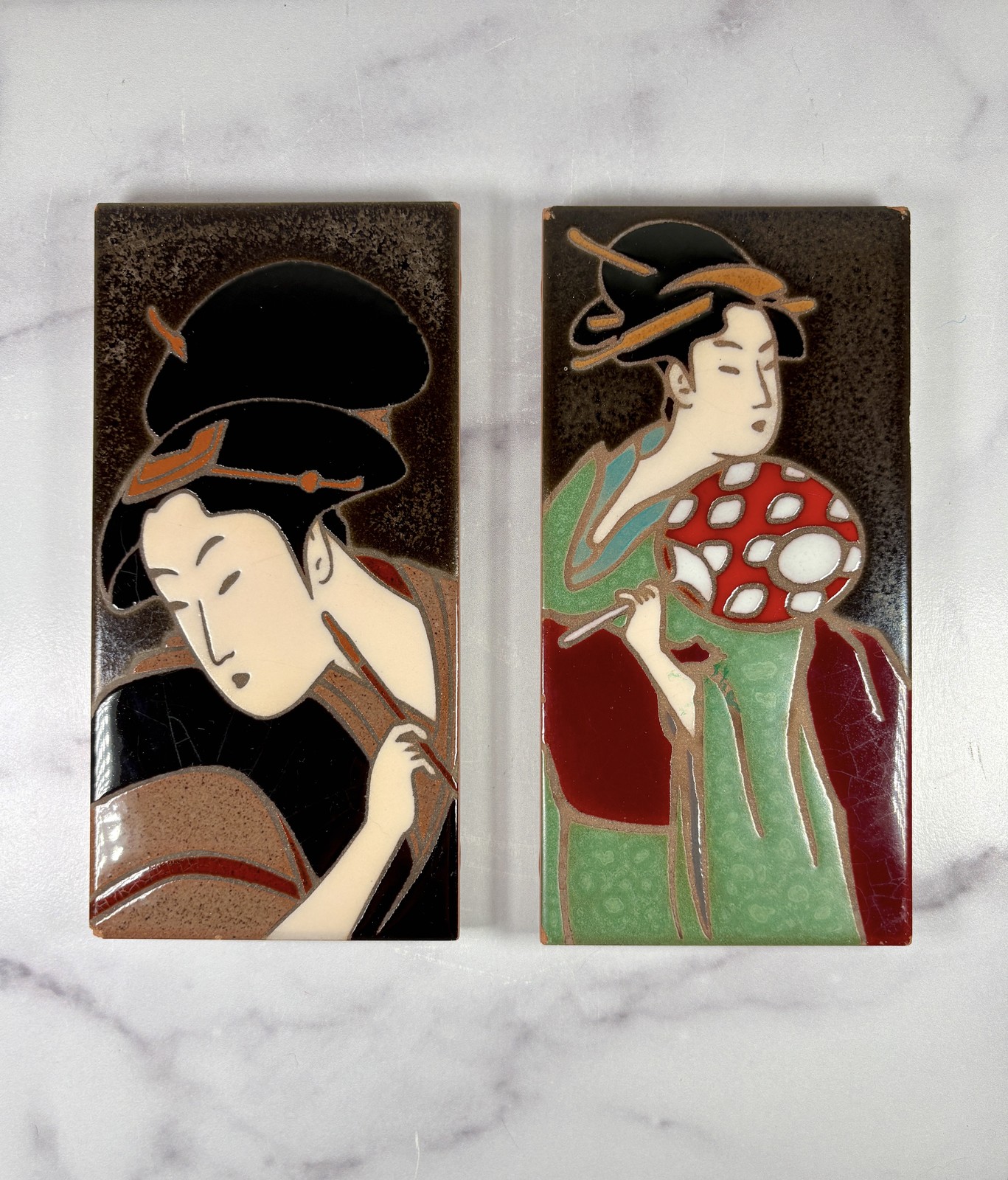Pair Vintage Ceramic Italian Tiles Bardelli Style Pop Art Geisha Portraits 4x8