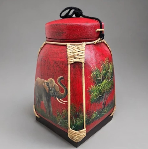 Handmade Thai Lanna Bamboo Sticky Rice Basket Elephant Painted Home Decor