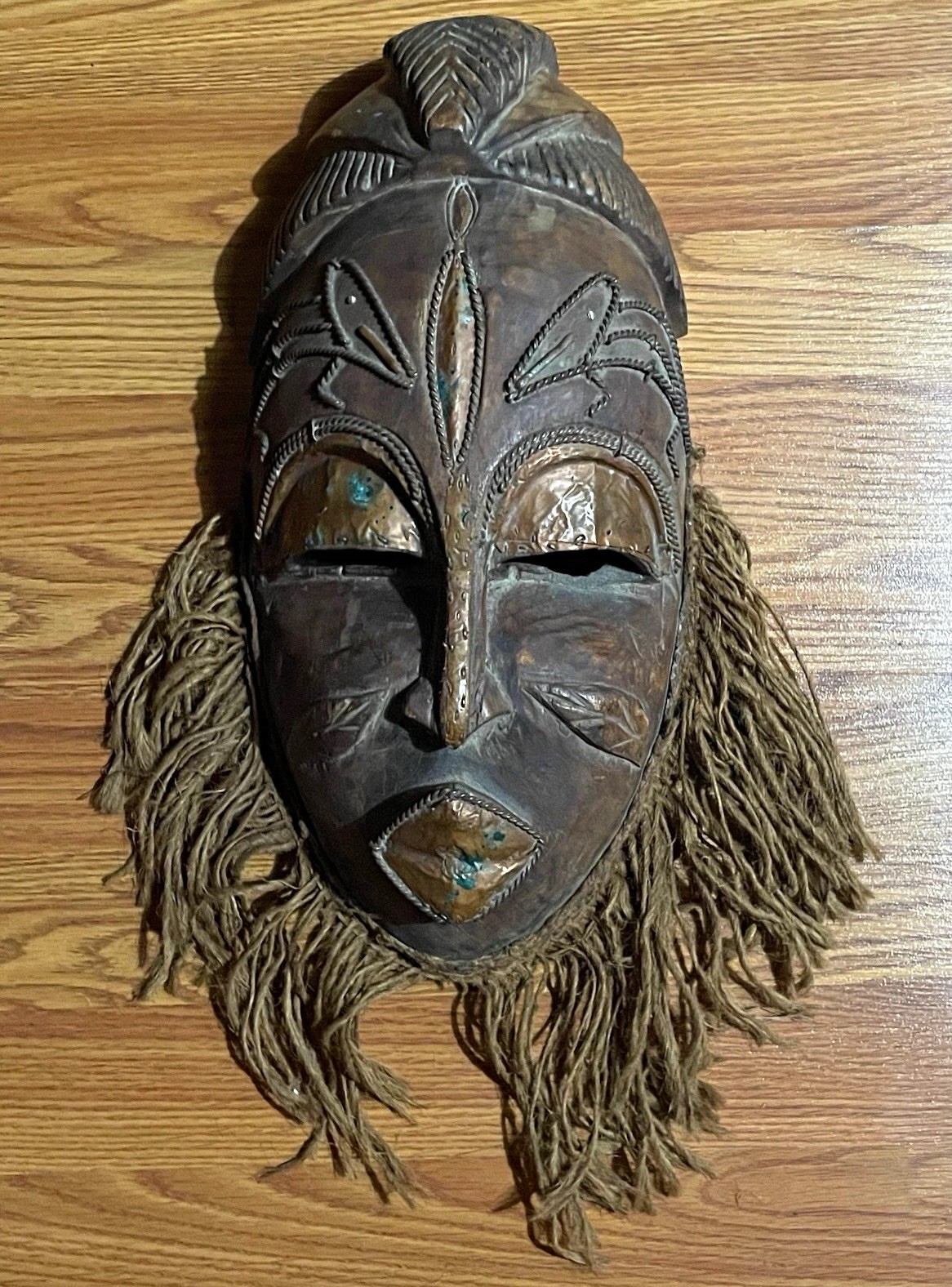 African Baule Style Wooden Mask with Raffia Hair Côte d’Ivoire West Africa 1960s