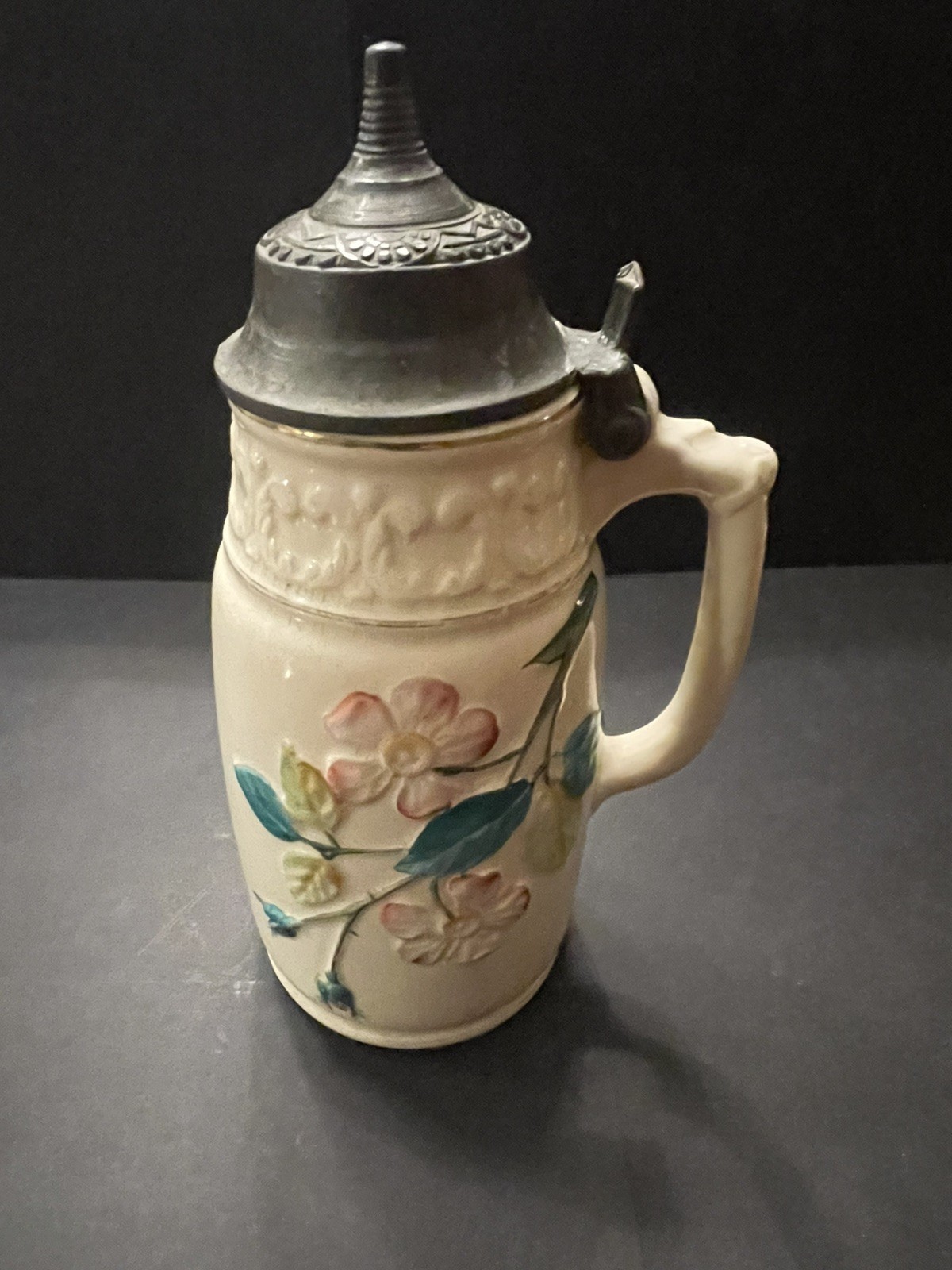 Antique 1873 Edwin Bennett Ironstone Syrup Pitcher Pewter Lid Dogwood Wild Rose