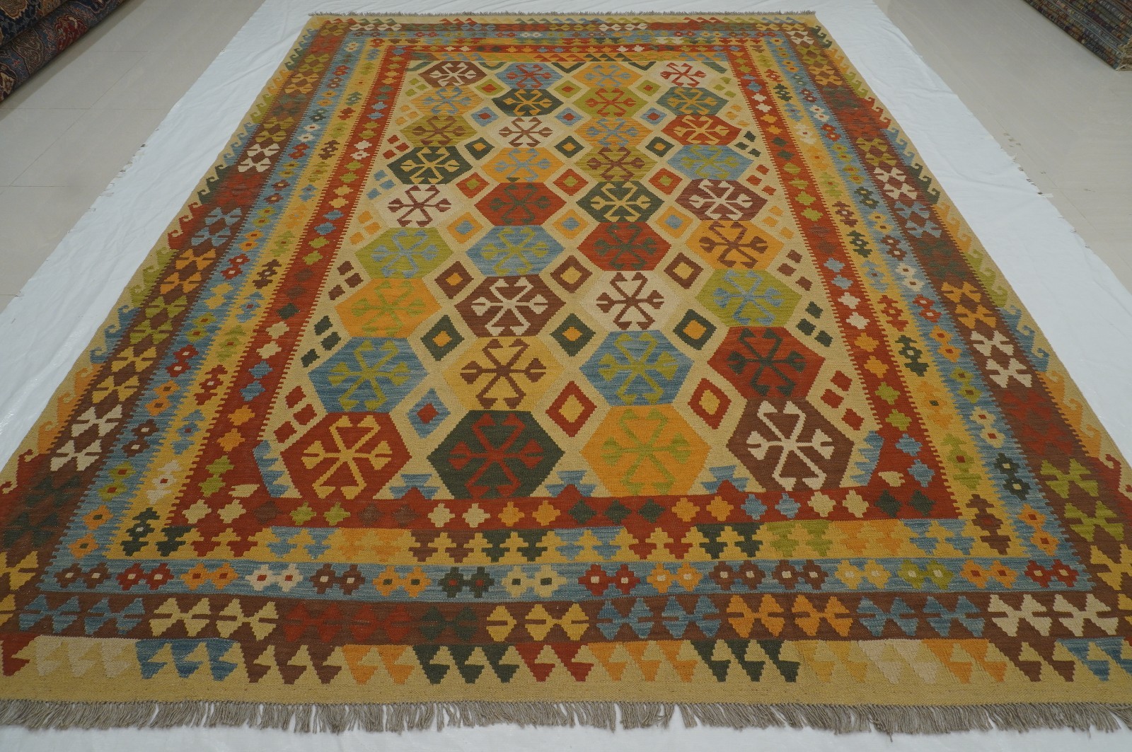 8x11 ft Beige Afghan Handmade Geometric Wool Kilim Area Rug (8\'5\