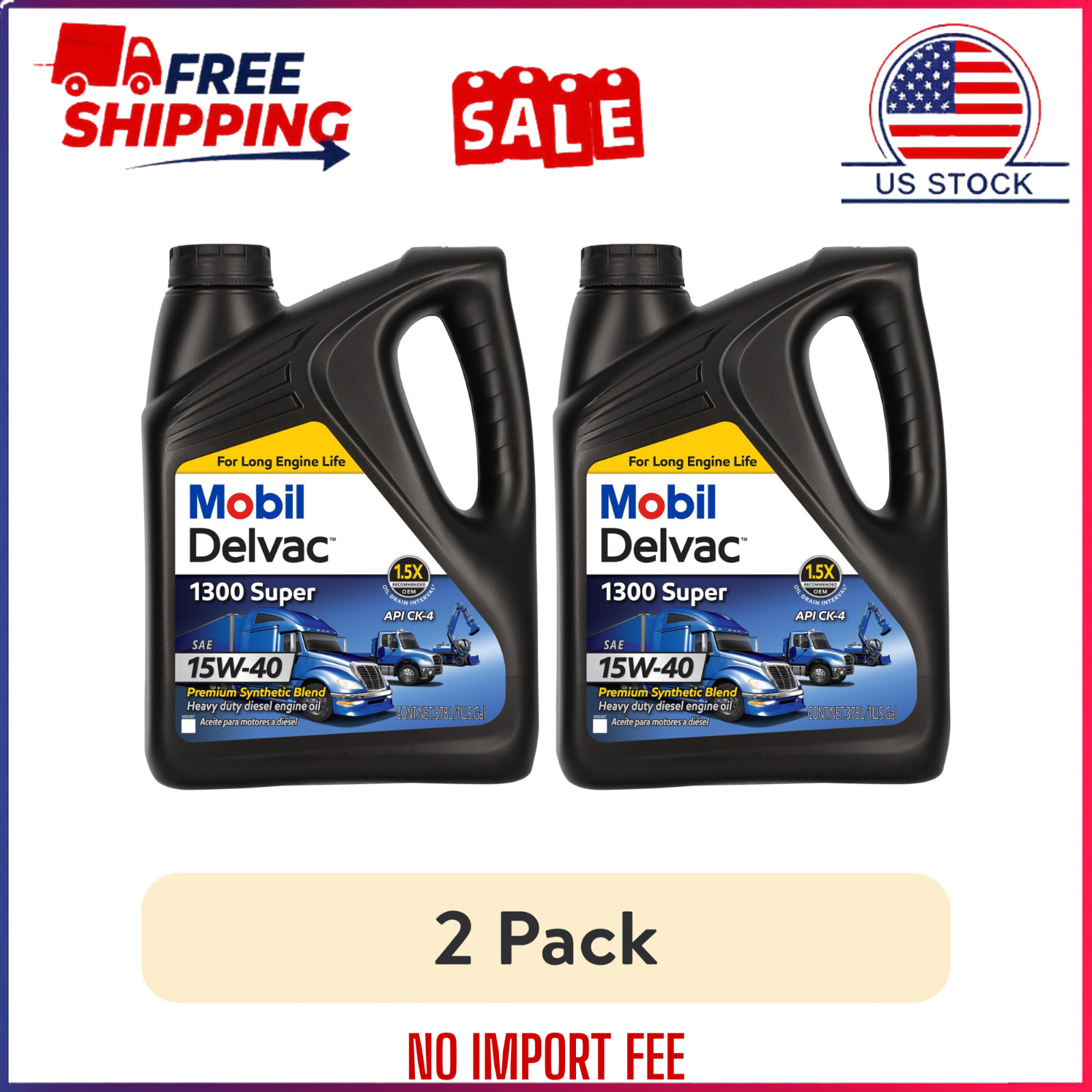 (2 Pk) Mobil Delvac 1300 Super Heavy Duty 15W-40 Synthetic Blend Diesel Oil 1Gal
