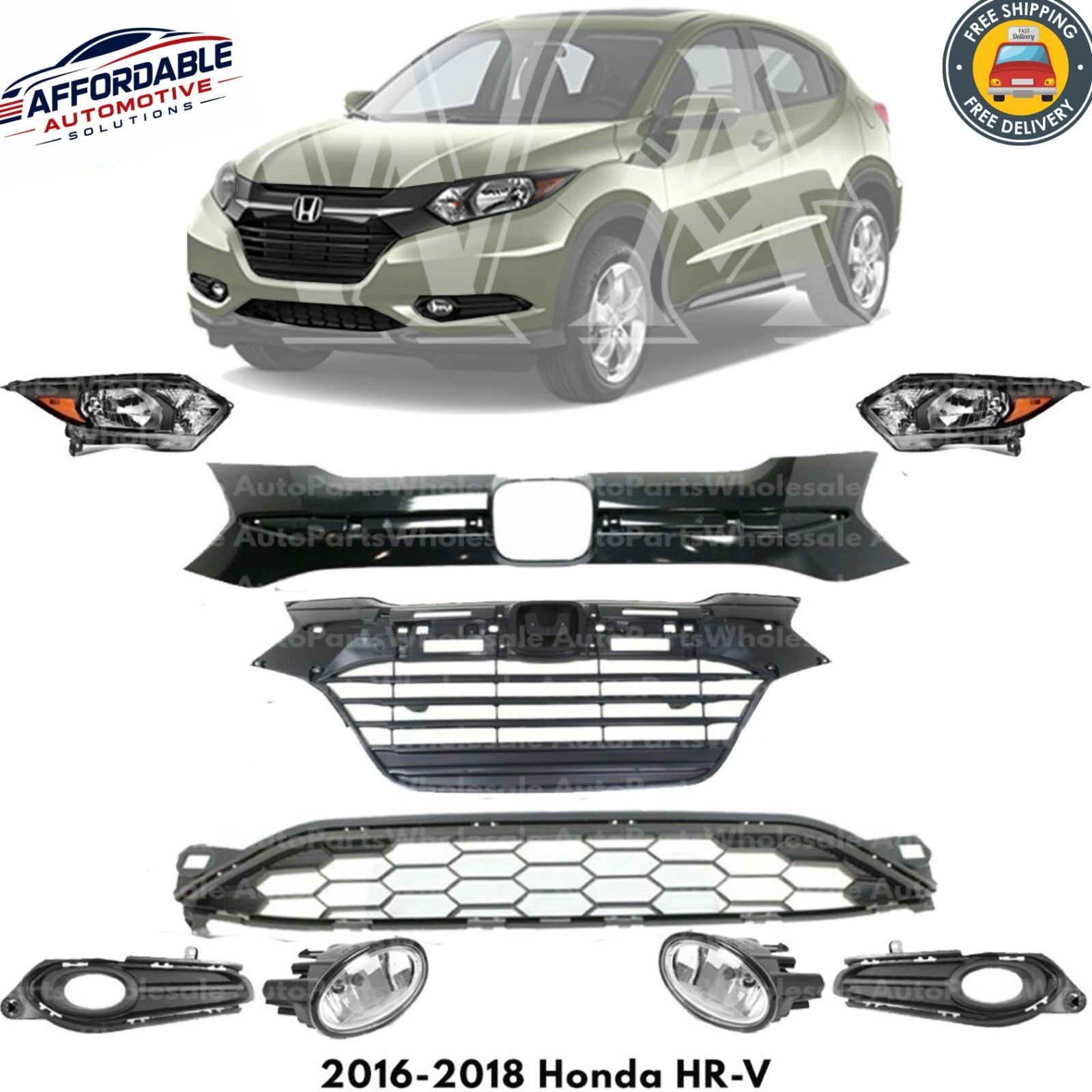 Front Grille Assembly & Headlight Assembly Kit For 2016-2018 Honda HR-V