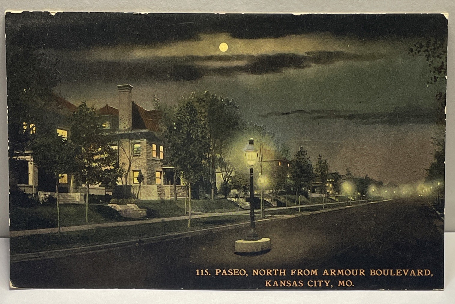1915 Kansas City, Missouri Paseo north from Armor Blvd., Moonlight night scene