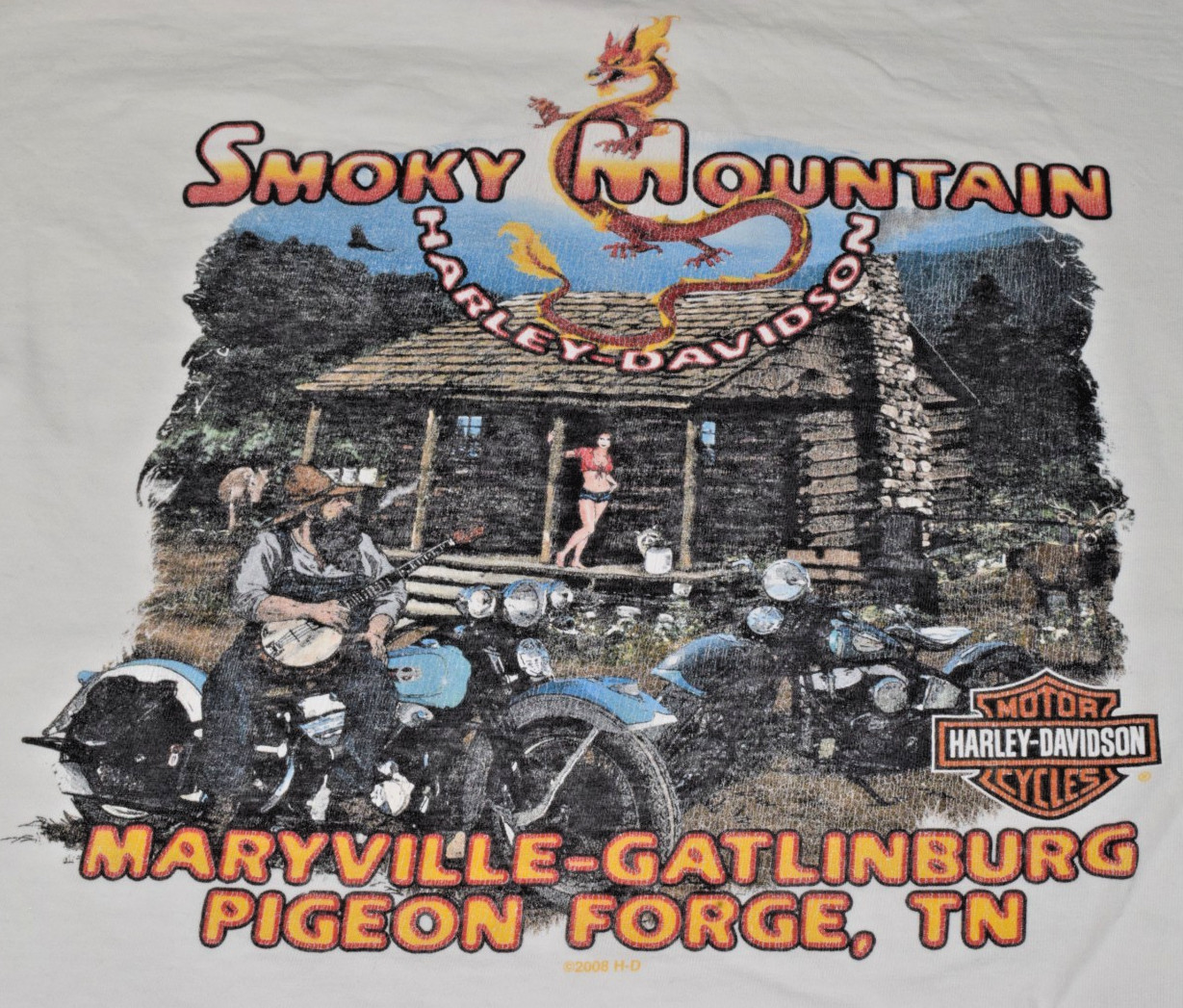 VTG Harley Davidson RK Stratman T-Shirt XL Smoky Mountains Dirty White LS 2009