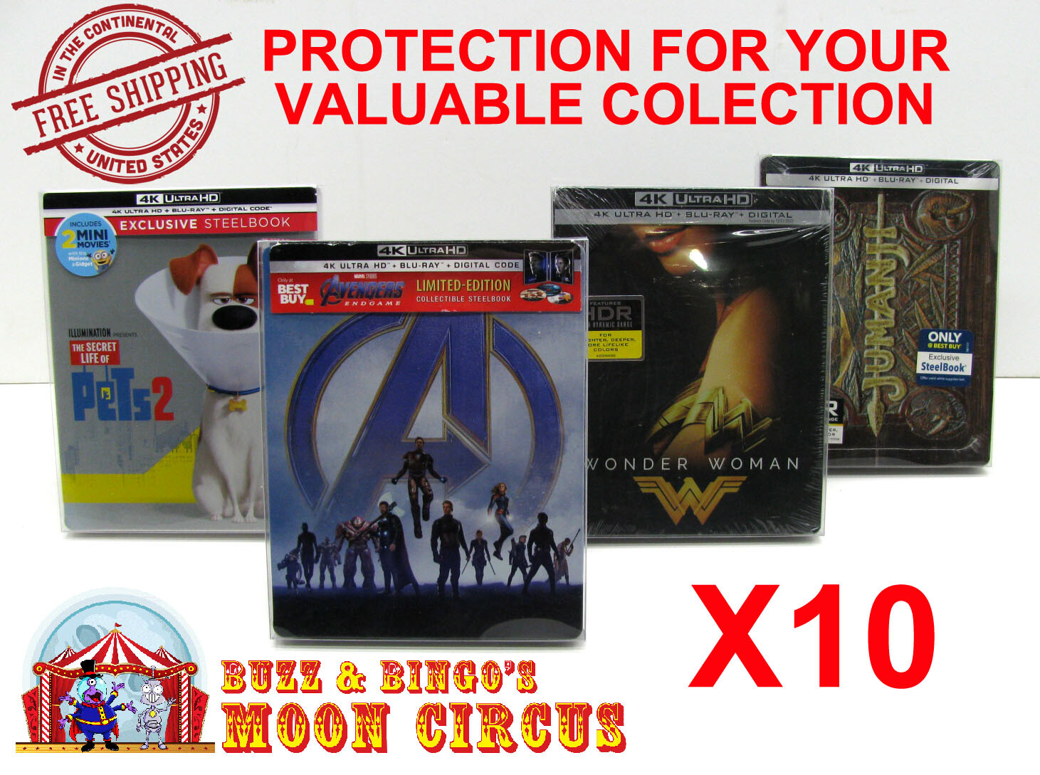 10x 4K UHD STEELBOOK WITH J-CARD (SIZE 4K4) -CLEAR PLASTIC BOX PROTECTORS SLEEVE