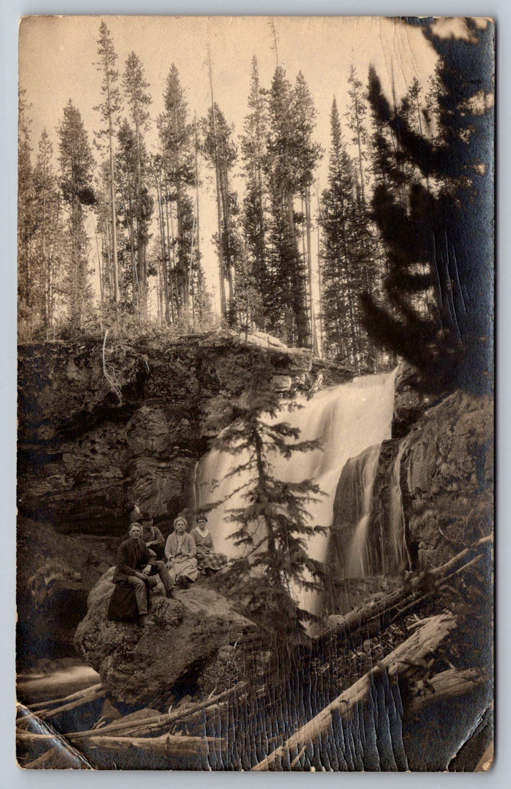 RPPC c1910s Group Portrait Forest Mountain Waterfall Postcard