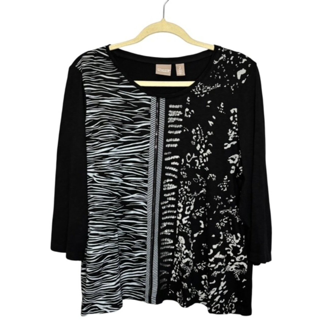 Chico\'s Blouse Women\'s Large Abstract Animal Print Knit Black Chicos 2