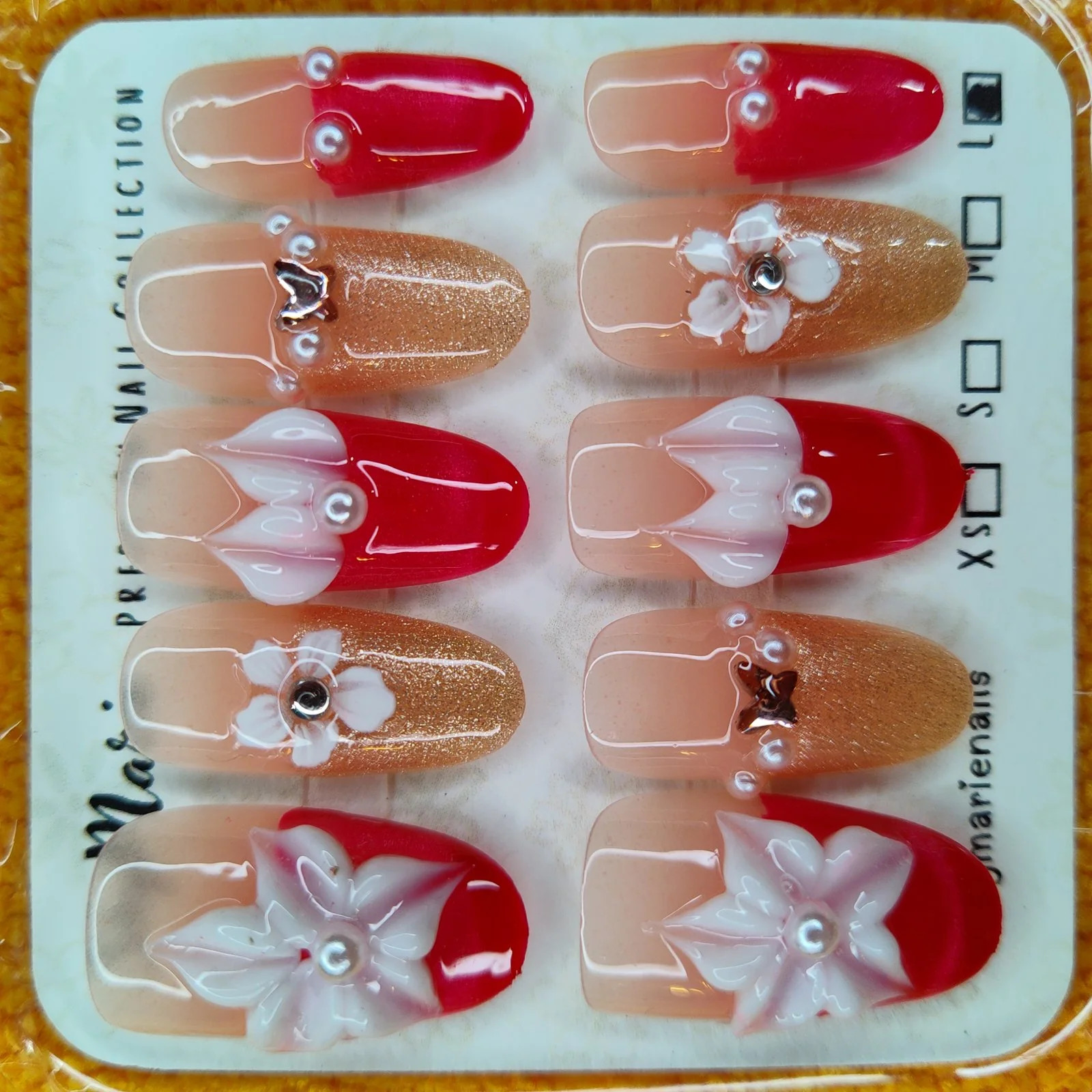 SkyMarie Handmade Large Red & Gold 3D Flower Bow Press-On Nails | Pearls SkyMarie Handmade Large Red & Gold 3D Flower Bow Press-On Nails | Pearls