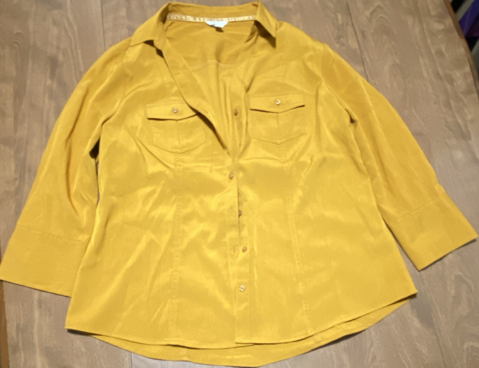 Cato Women’s L Solid Yellow Collared Button-Up 3/4 Sleeve Woven Polyester Shirt